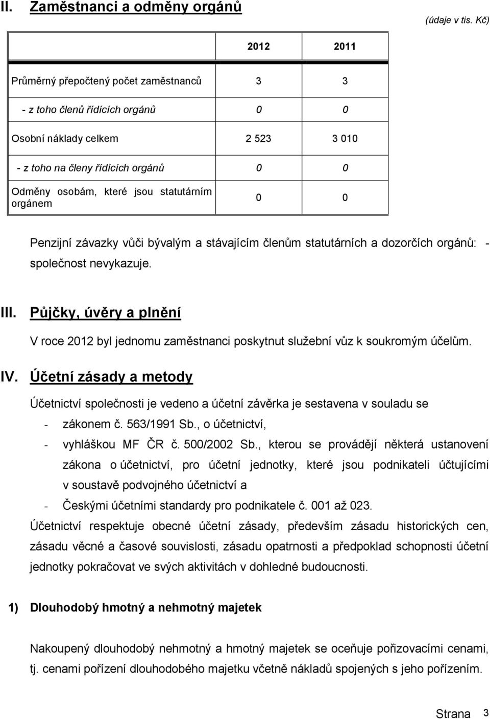 Půjčky, úvěry a plnění V roce 2012 byl jednomu zaměstnanci poskytnut služební vůz k soukromým účelům. IV.