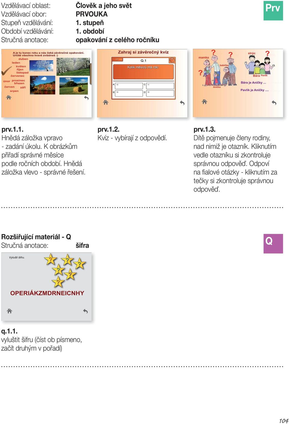 prv.1.3. Dítě pojmenuje členy rodiny, nad nimiž je otazník. Kliknutím vedle otazníku si zkontroluje správnou odpověď.