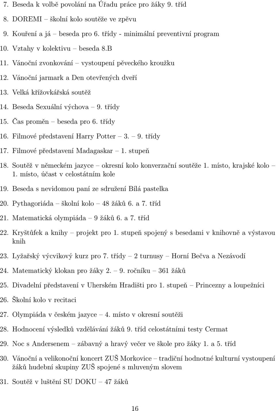 třídy 16. Filmové představení Harry Potter 3. 9. třídy 17. Filmové představení Madagaskar 1. stupeň 18. Soutěž v německém jazyce okresní kolo konverzační soutěže 1. místo, krajské kolo 1.
