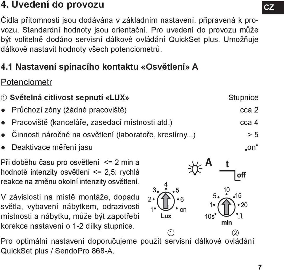 1 Nastavení spínacího kontaktu «Osvětlení» A Potenciometr Světelná citlivost sepnutí «LUX» Stupnice Průchozí zóny (žádné pracoviště) cca 2 Pracoviště (kanceláře, zasedací místnosti atd.