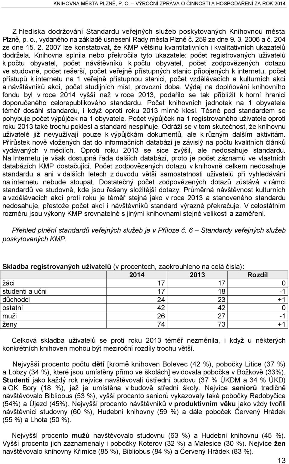 Knihovna splnila nebo překročila tyto ukazatele: počet registrovaných uživatelů k počtu obyvatel, počet návštěvníků k počtu obyvatel, počet zodpovězených dotazů ve studovně, počet rešerší, počet