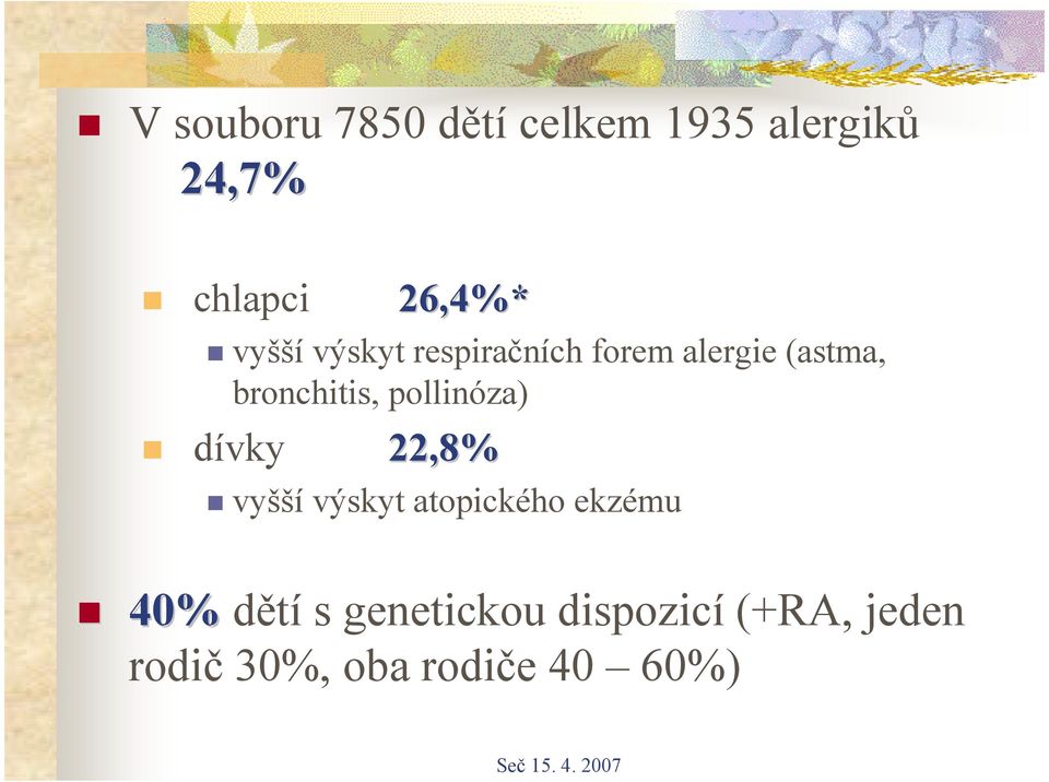 pollinóza) dívky 22,8% vyšší výskyt atopického ekzému 40% dětí