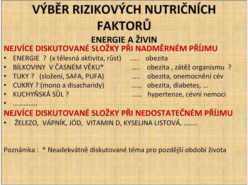 . obezita, onemocnění cév CUKRY? (mono a disacharidy) obezita, diabetes, KUCHYŇSKÁ SŮL? hypertenze, cévní nemoci.