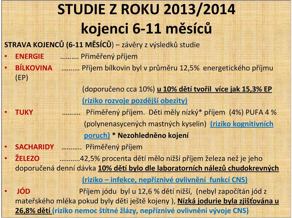 Děti měly nízký* příjem (4%) PUFA 4 % (polynenasycených mastných kyselin) (riziko kognitivních poruch) * Nezohledněno kojení SACHARIDY.. Přiměřený příjem ŽELEZO.