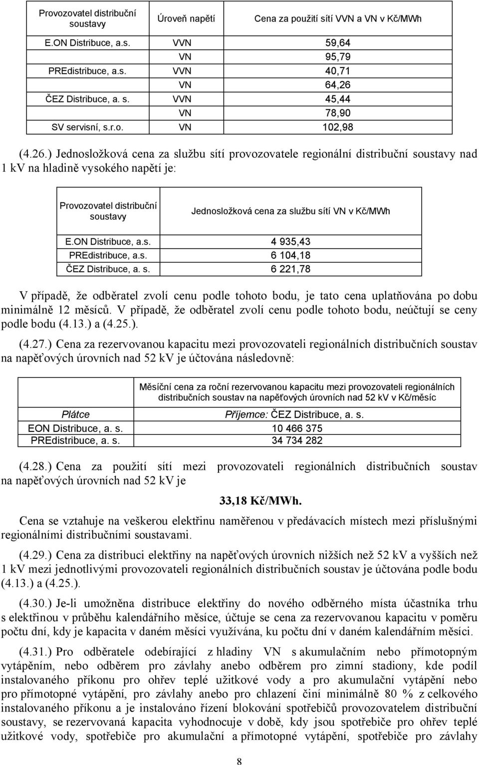 ) Jednosložková cena za službu sítí provozovatele regionální distribuční soustavy nad 1 kv na hladině vysokého napětí je: Provozovatel distribuční soustavy Jednosložková cena za službu sítí VN v
