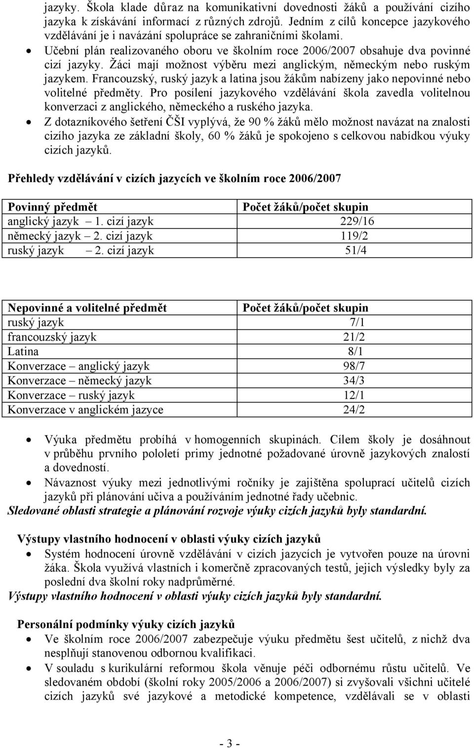 Žáci mají možnost výběru mezi anglickým, německým nebo ruským jazykem. Francouzský, ruský jazyk a latina jsou žákům nabízeny jako nepovinné nebo volitelné předměty.