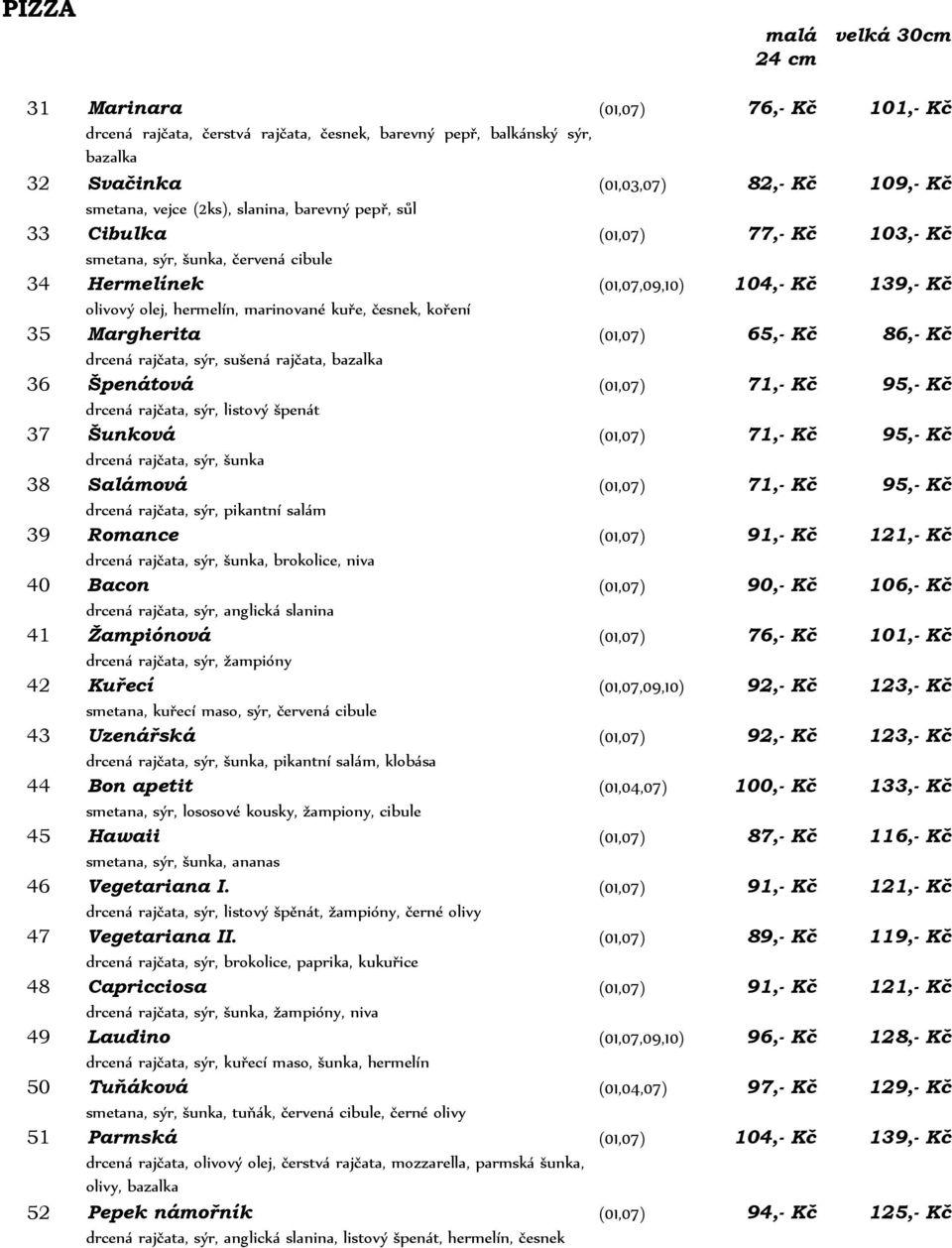 česnek, koření Margherita (01,07) 65,- Kč 86,- Kč 36 drcená rajčata, sýr, sušená rajčata, bazalka Špenátová (01,07) 71,- Kč 95,- Kč 37 drcená rajčata, sýr, listový špenát Šunková (01,07) 71,- Kč 95,-