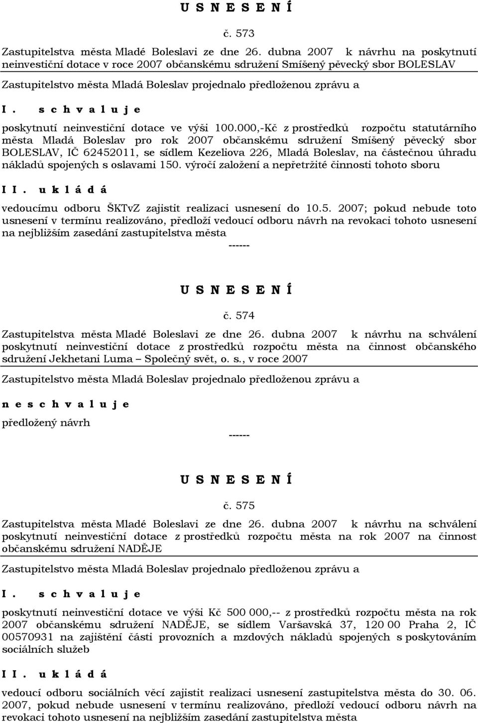 000,-Kč z prostředků rozpočtu statutárního města Mladá Boleslav pro rok 2007 občanskému sdružení Smíšený pěvecký sbor BOLESLAV, IČ 62452011, se sídlem Kezeliova 226, Mladá Boleslav, na částečnou