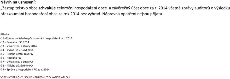 1 Zpráva o výsledku přezkoumání hospodaření za r. 2014 č.2 Rozvaha ÚSC 2014 č.3 Výkaz zisku a ztráty 2014 č.4 - Výkaz Fin 2-12M 2014 č.