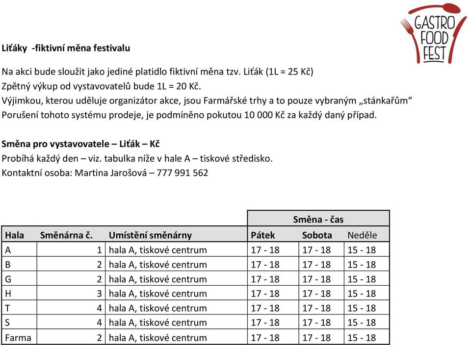 Směna pro vystavovatele Liťák Kč Probíhá každý den viz. tabulka níže v hale A tiskové středisko. Kontaktní osoba: Martina Jarošová 777 991 562 Směna - čas Hala Směnárna č.