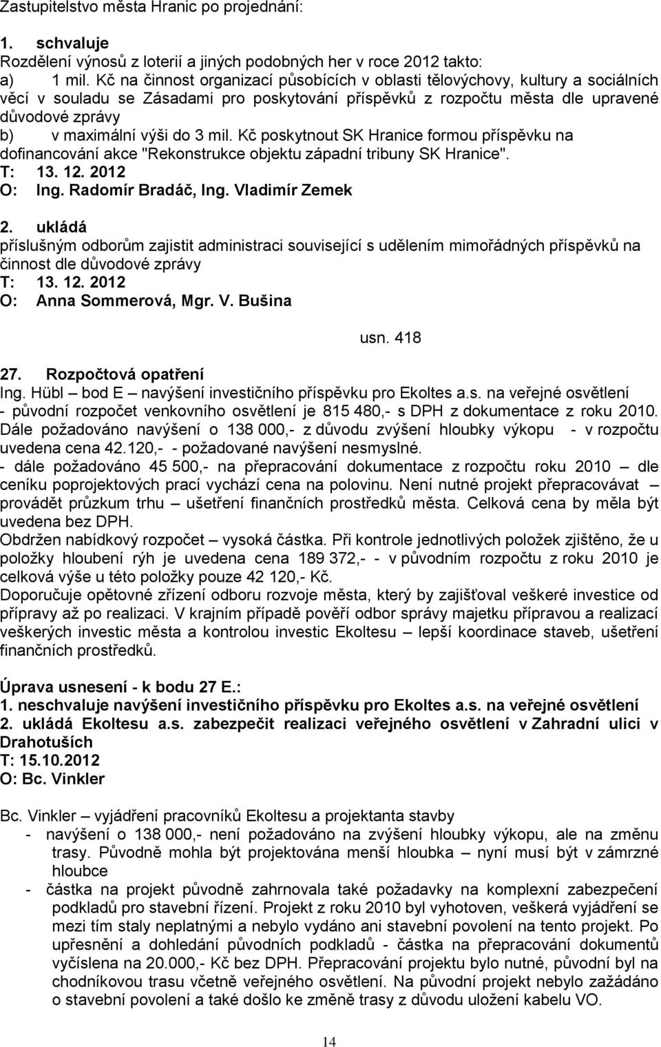 do 3 mil. Kč poskytnout SK Hranice formou příspěvku na dofinancování akce "Rekonstrukce objektu západní tribuny SK Hranice". T: 13. 12. 2012, Ing. Vladimír Zemek 2.