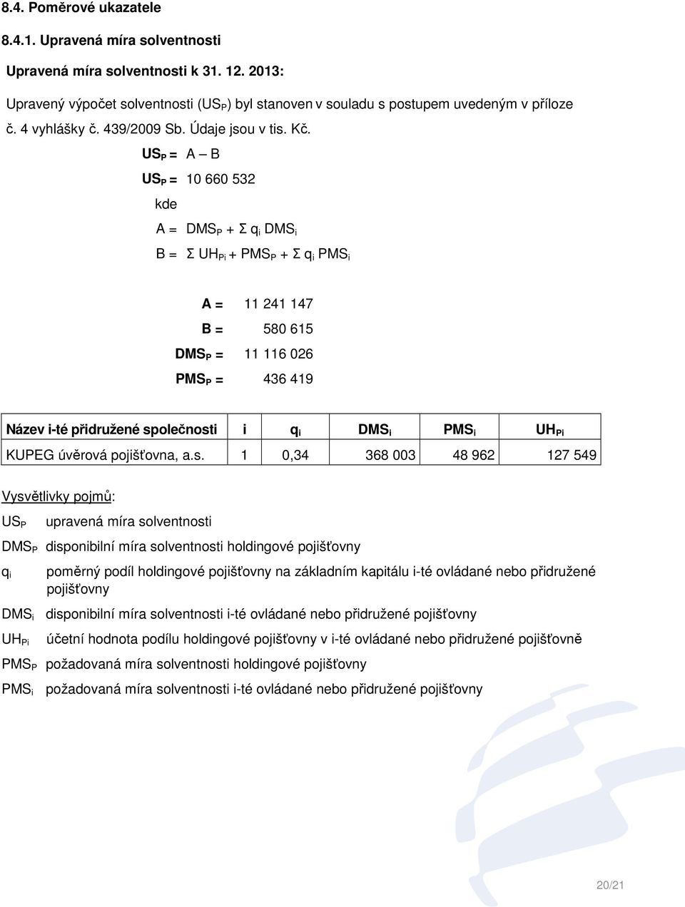 US P = A B US P = 10 660 532 kde A = DMS P + Σ q i DMS i B = Σ UH Pi + PMS P + Σ q i PMS i A = 11 241 147 B = 580 615 DMS P = 11 116 026 PMS P = 436 419 Název i-té přidružené společnosti i q i DMS i