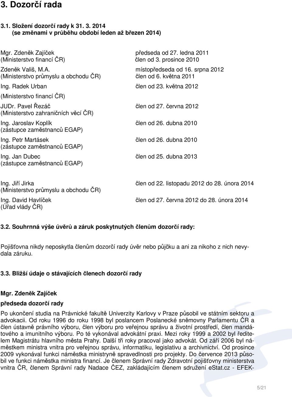 Pavel Řezáč člen od 27. června 2012 (Ministerstvo zahraničních věcí ČR) Ing. Jaroslav Koplík člen od 26. dubna 2010 (zástupce zaměstnanců EGAP) Ing. Petr Martásek člen od 26.