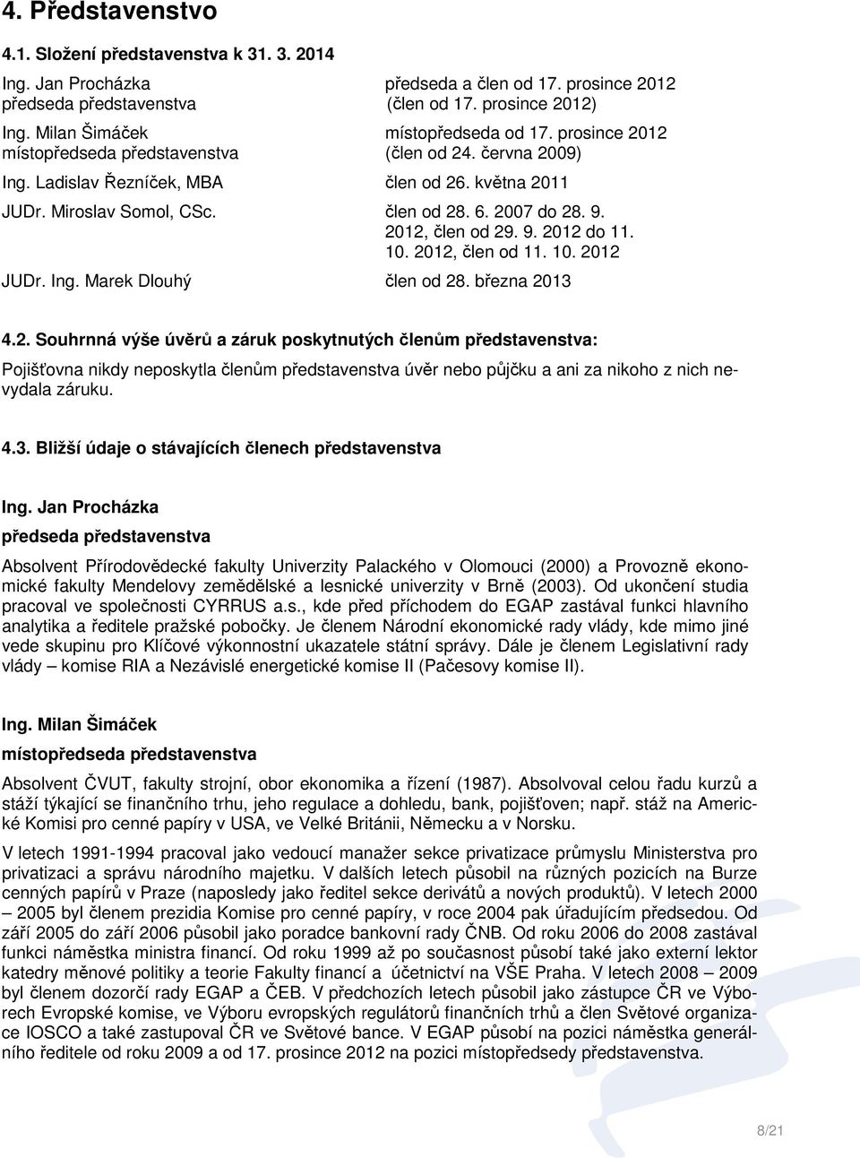 2007 do 28. 9. 2012, člen od 29. 9. 2012 do 11. 10. 2012, člen od 11. 10. 2012 JUDr. Ing. Marek Dlouhý člen od 28. března 2013 4.2. Souhrnná výše úvěrů a záruk poskytnutých členům představenstva: Pojišťovna nikdy neposkytla členům představenstva úvěr nebo půjčku a ani za nikoho z nich nevydala záruku.
