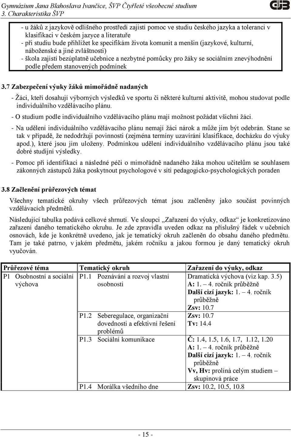 3.7 Zabezpečení výuky žáků mimořádně nadaných - Žáci, kteří dosahují výborných výsledků ve sportu či některé kulturní aktivitě, mohou studovat podle individuálního vzdělávacího plánu.