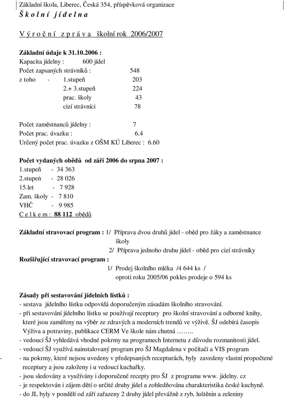 4 Urený poet prac. úvazku z OŠM KÚ Liberec : 6.60 Poet vydaných obd od záí 2006 do srpna 2007 : 1.stupe - 34 363 2.stupe - 28 026 15.let - 7 928 Zam.
