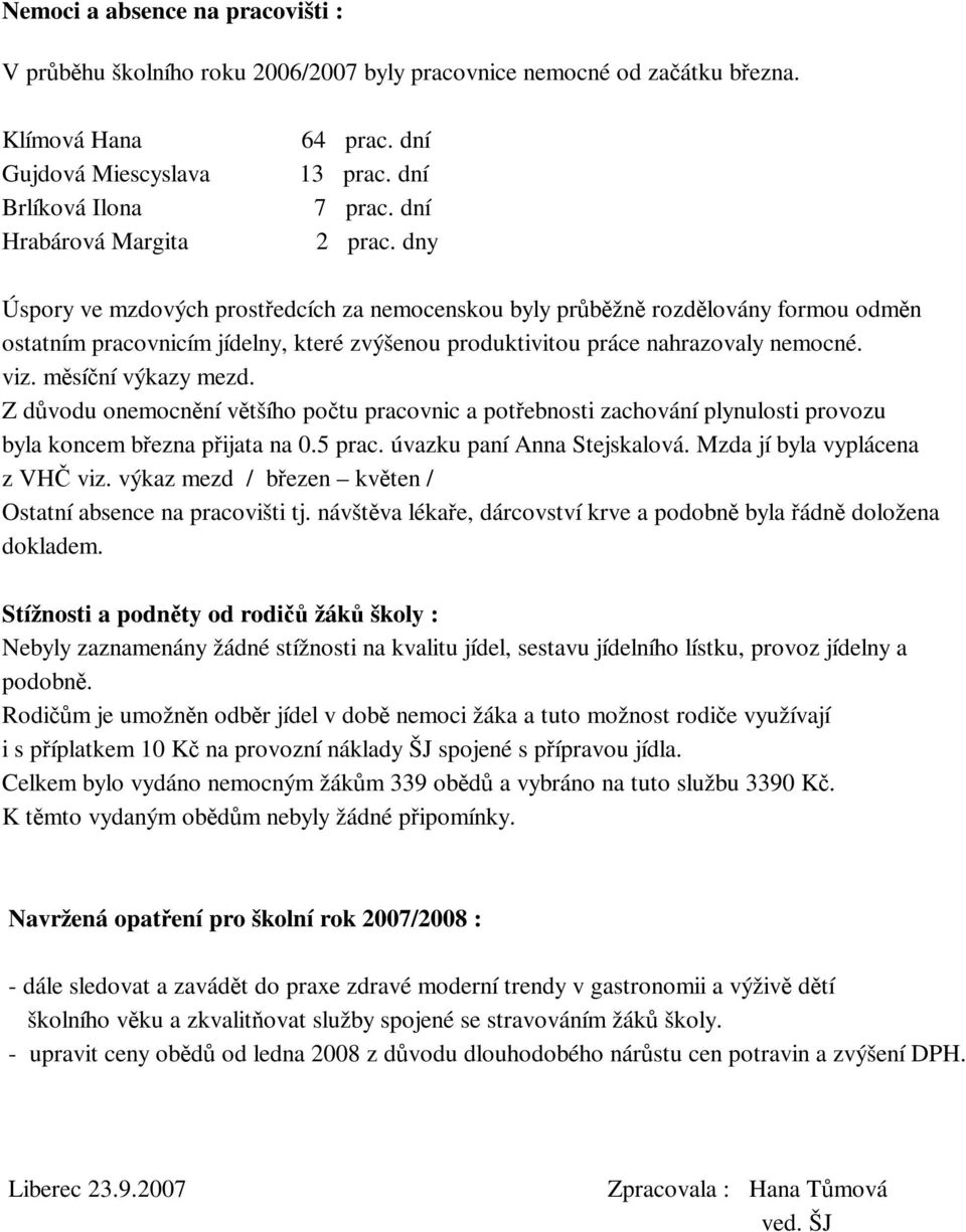 msíní výkazy mezd. Z dvodu onemocnní vtšího potu pracovnic a potebnosti zachování plynulosti provozu byla koncem bezna pijata na 0.5 prac. úvazku paní Anna Stejskalová.