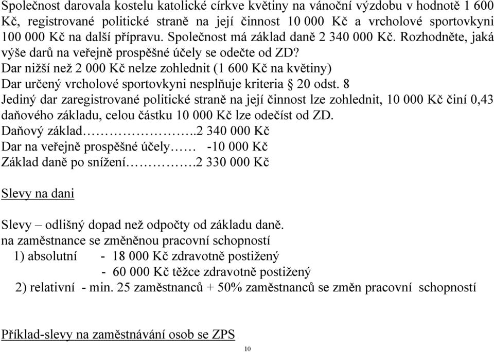 Dar nižší než 2 000 Kč nelze zohlednit (1 600 Kč na květiny) Dar určený vrcholové sportovkyni nesplňuje kriteria 20 odst.