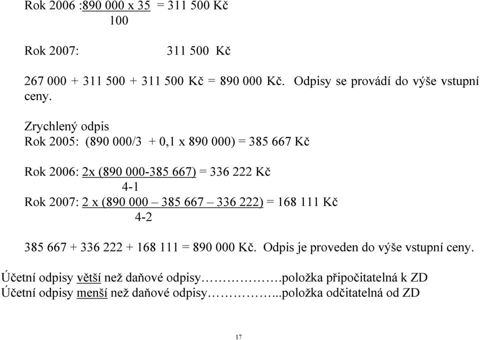 Zrychlený odpis Rok 2005: (890 000/3 + 0,1 x 890 000) = 385 667 Kč Rok 2006: 2x (890 000-385 667) = 336 222 Kč 4-1 Rok 2007: 2 x (890