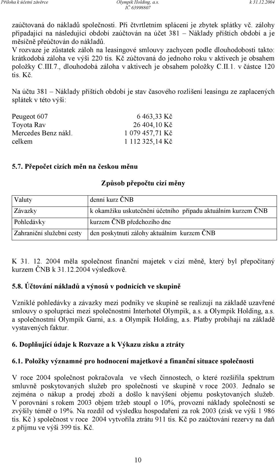 V rozvaze je zůstatek záloh na leasingové smlouvy zachycen podle dlouhodobosti takto: krátkodobá záloha ve výši 220 tis. Kč zúčtovaná do jednoho roku v aktivech je obsahem položky C.III.7.