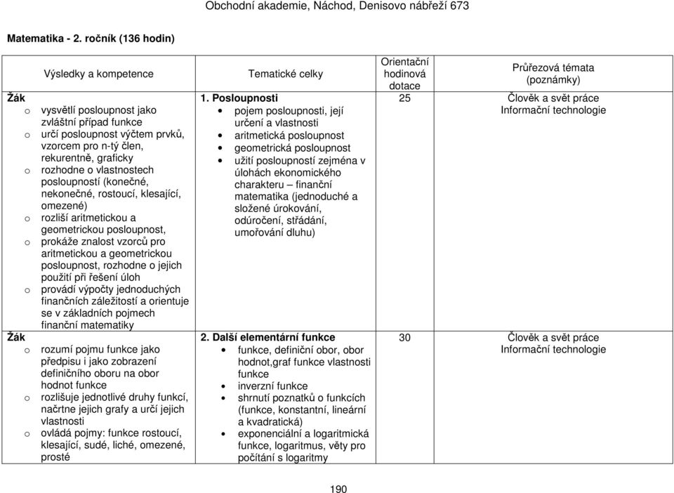 nekonečné, rostoucí, klesající, omezené) o rozliší aritmetickou a geometrickou posloupnost, o prokáže znalost vzorců pro aritmetickou a geometrickou posloupnost, rozhodne o jejich použití při řešení