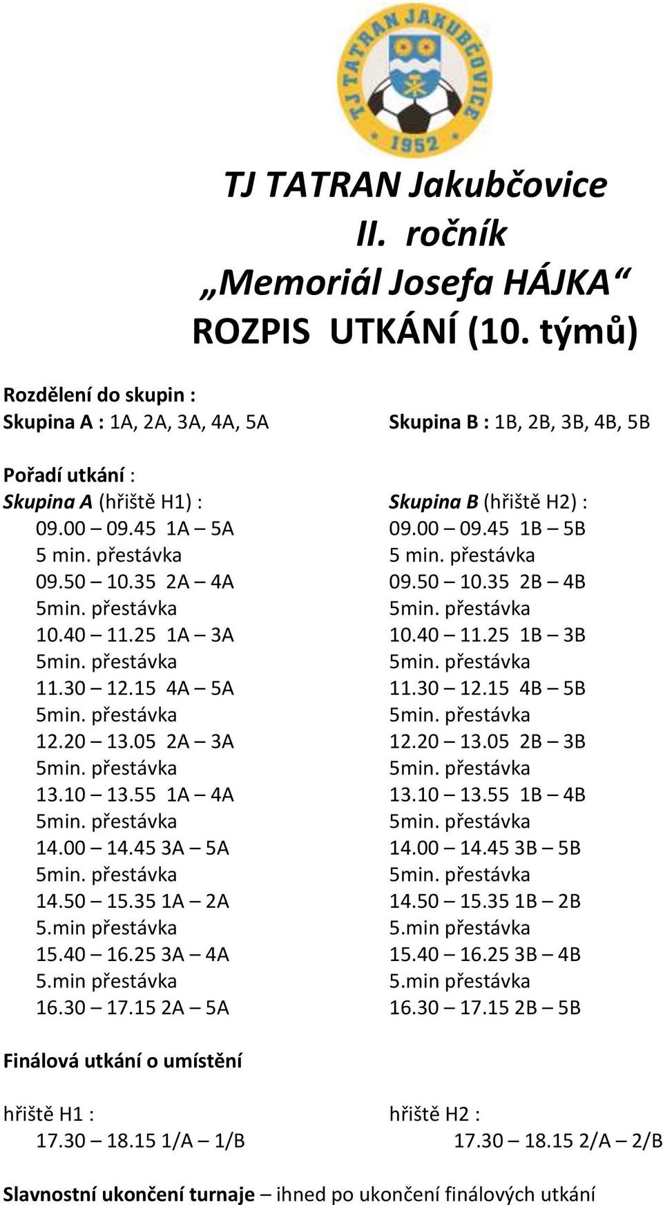 přestávka 5 min. přestávka 09.50 10.35 2A 4A 09.50 10.35 2B 4B 10.40 11.25 1A 3A 10.40 11.25 1B 3B 11.30 12.15 4A 5A 11.30 12.15 4B 5B 12.20 13.05 2A 3A 12.20 13.05 2B 3B 13.10 13.55 1A 4A 13.10 13.55 1B 4B 14.