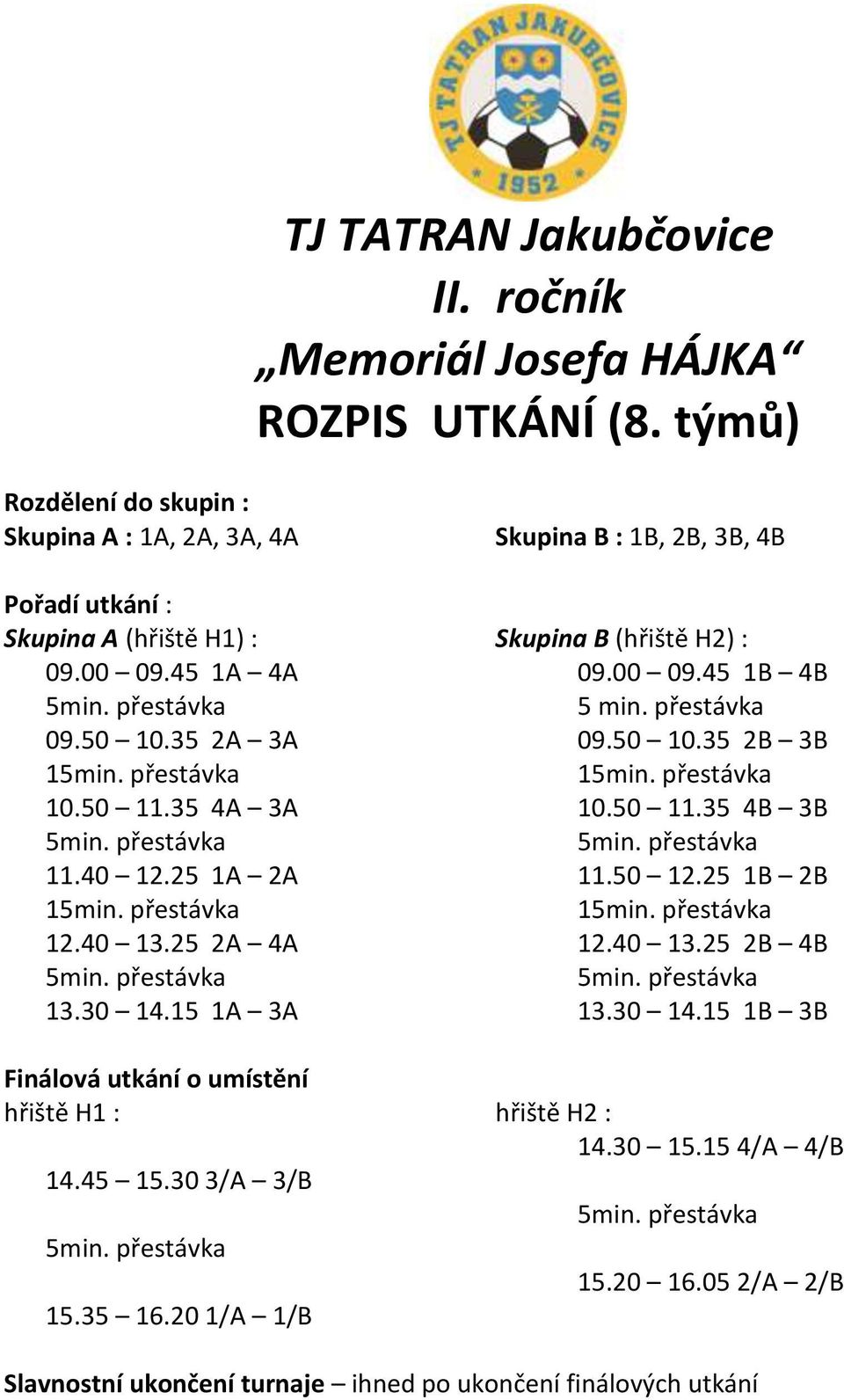 45 1A 4A 09.00 09.45 1B 4B 5 min. přestávka 09.50 10.35 2A 3A 09.50 10.35 2B 3B 1 1 10.50 11.35 4A 3A 10.50 11.35 4B 3B 11.40 12.25 1A 2A 11.50 12.25 1B 2B 1 1 12.