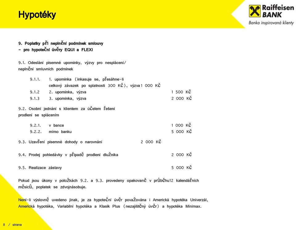 2.1. v bance 1 000 Kč 9.2.2. mimo banku 5 000 Kč 9.3. Uzavření písemné dohody o narovnání 2 000 Kč 9.4. Prodej pohledávky v případě prodlení dlužníka 2 000 Kč 9.5. Realizace zástavy 5 000 Kč Pokud jsou úkony v položkách 9.