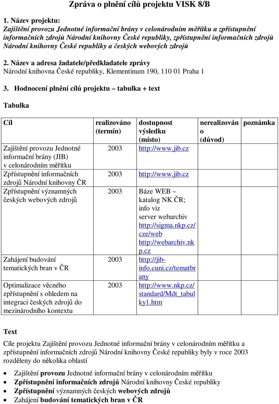 republiky a eských webových zdroj 2. Název a adresa žadatele/pedkladatele zprávy Národní knihovna eské republiky, Klementinum 190, 110 01 Praha 1 3.