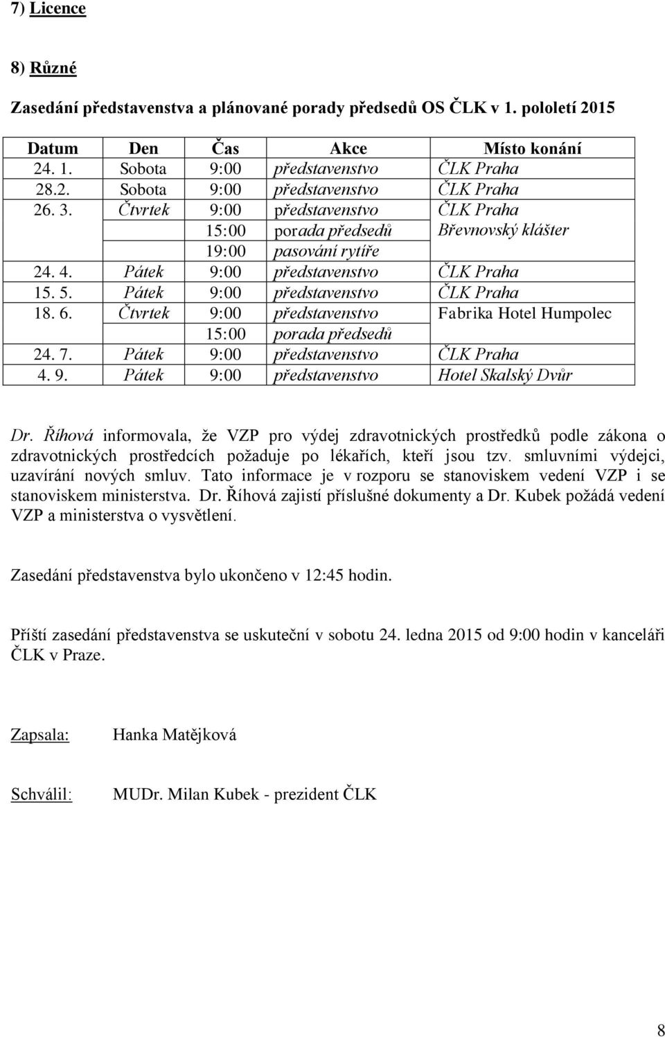 Čtvrtek 9:00 představenstvo Fabrika Hotel Humpolec 15:00 porada předsedů 24. 7. Pátek 9:00 představenstvo ČLK Praha 4. 9. Pátek 9:00 představenstvo Hotel Skalský Dvůr Dr.
