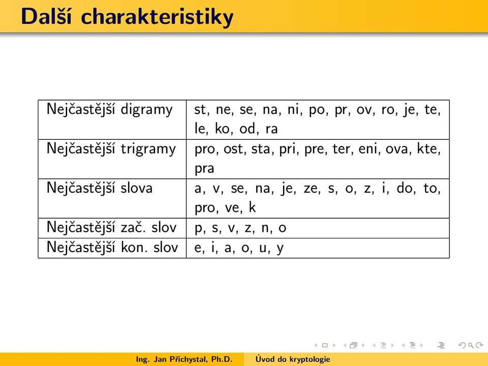 ova, kte, pra Nejčastější slova a, v, se, na, je, ze, s, o, z, i, do, to, pro,