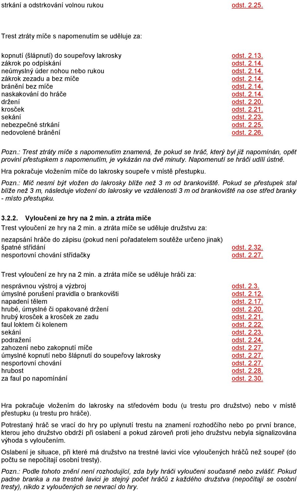 nebezpečné strkání odst. 2.25. nedovolené bránění odst. 2.26. Pozn.
