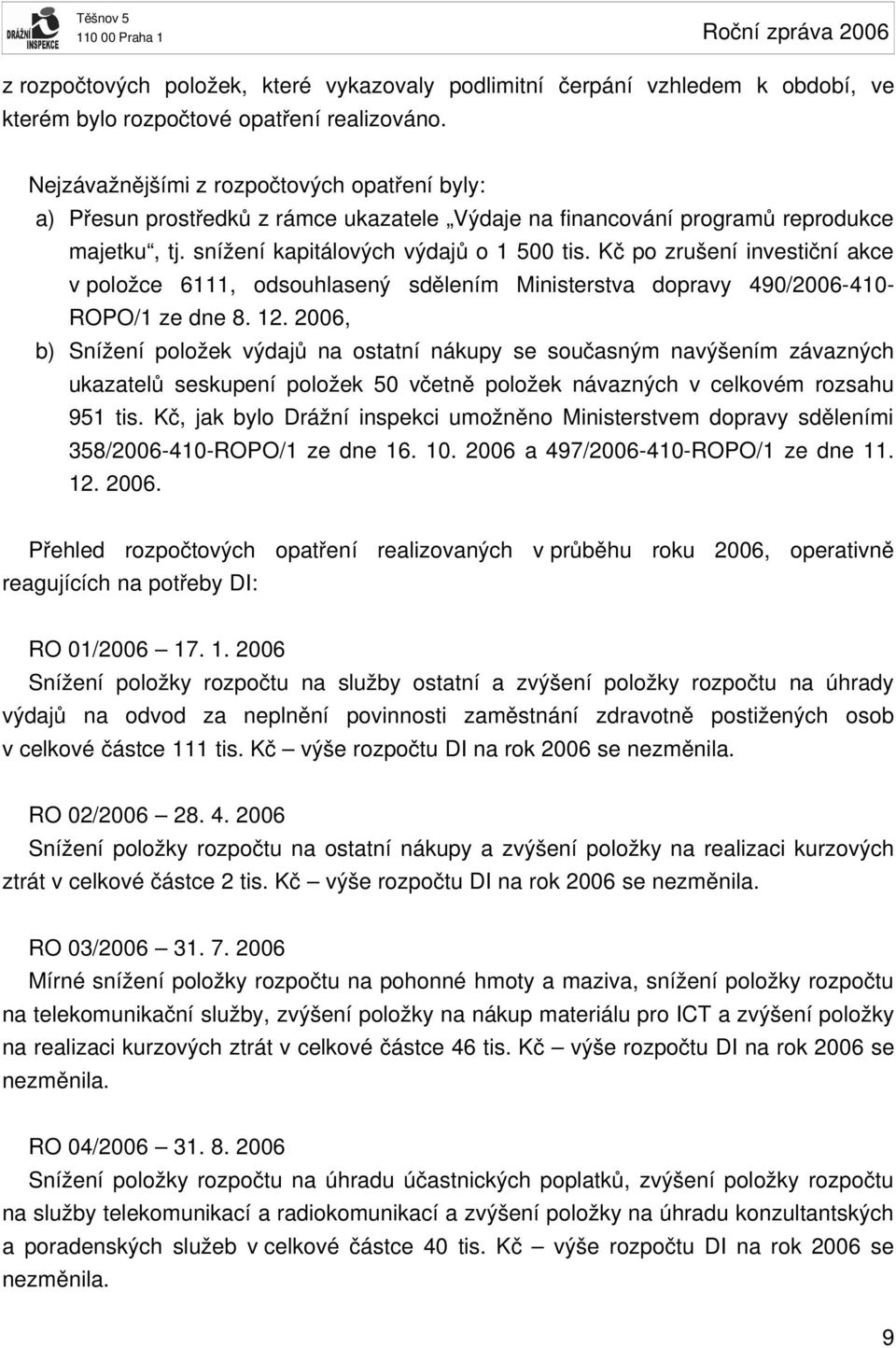 Kč po zrušení investiční akce v položce 6111, odsouhlasený sdělením Ministerstva dopravy 490/2006 410 ROPO/1 ze dne 8. 12.