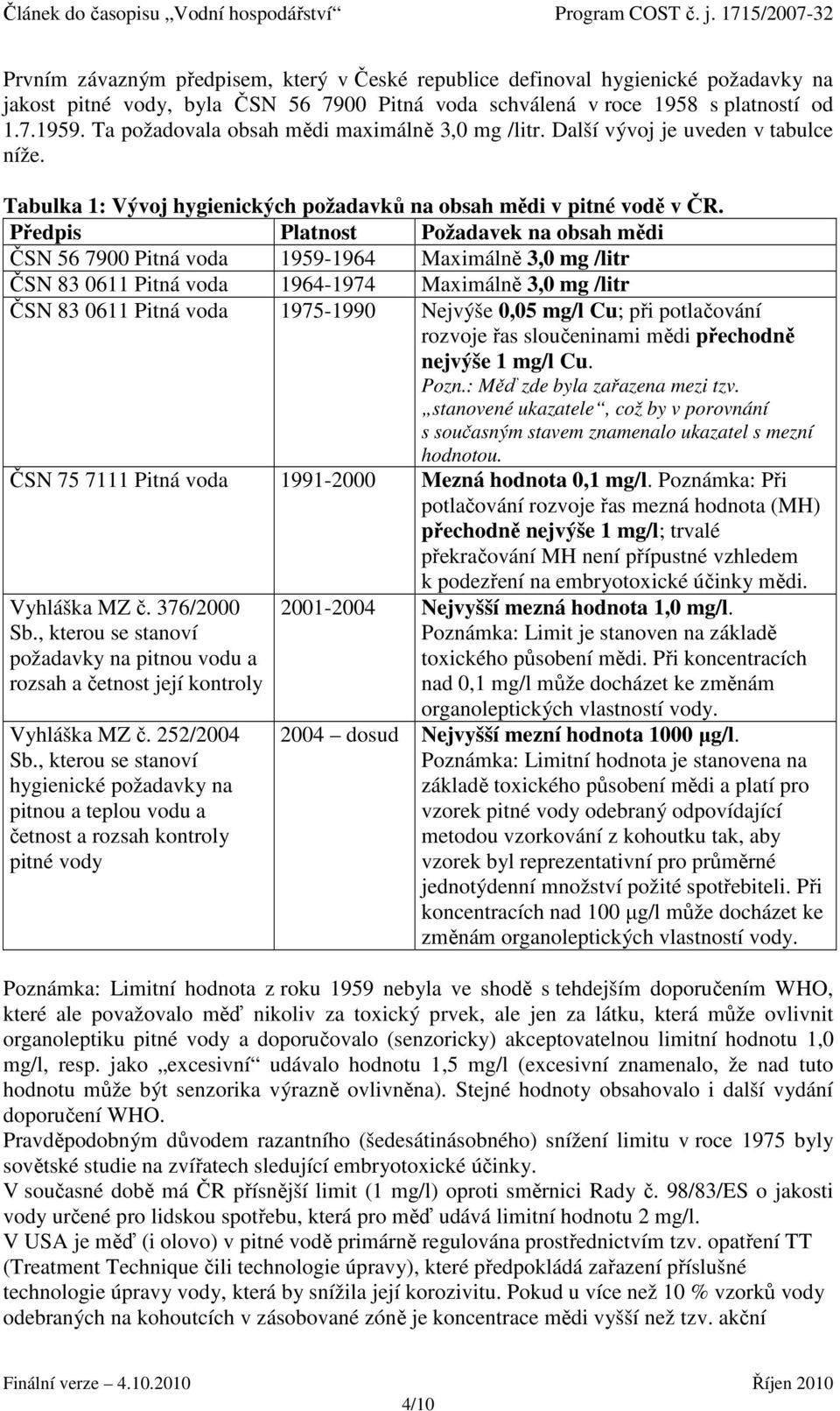 Předpis Platnost Požadavek na obsah mědi ČSN 56 7900 Pitná voda 1959-1964 Maximálně 3,0 mg /litr ČSN 83 0611 Pitná voda 1964-1974 Maximálně 3,0 mg /litr ČSN 83 0611 Pitná voda 1975-1990 Nejvýše 0,05