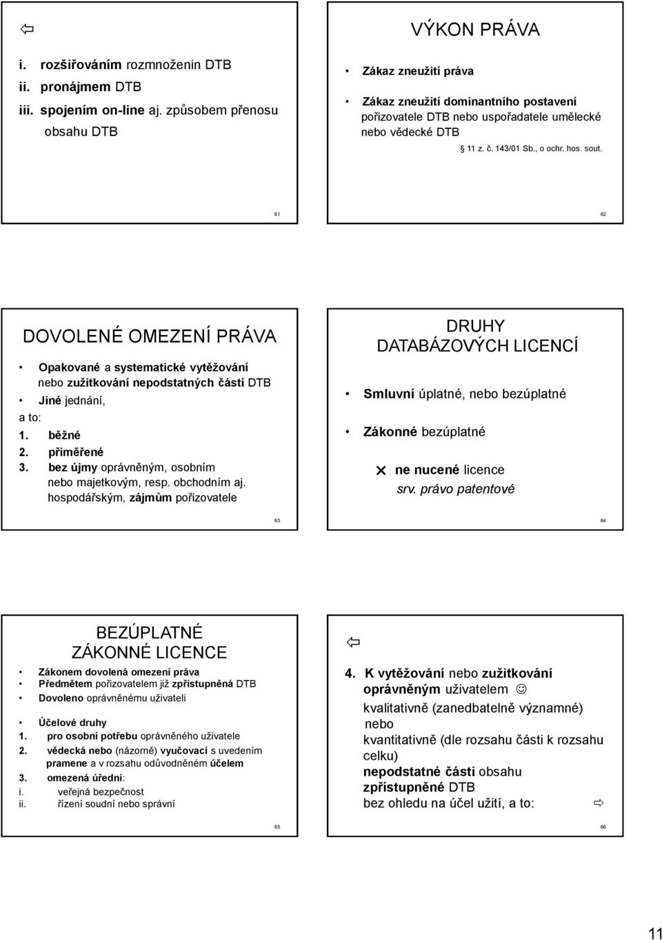 61 62 DOVOLENÉ OMEZENÍ PRÁVA Opakované a systematické vytěžování nebo zužitkování nepodstatných částí DTB Jiné jednání, a to: 1. běžné 2. přiměřené 3.