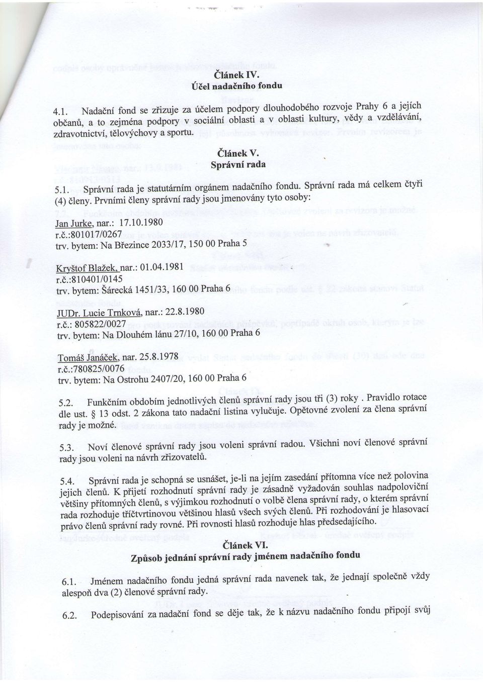 sportu. dt6nekv. Sprrivni rada 5.1. SprSvni rada je statutiirnim org6nem nadadniho fondu. Spr6vni ruda m6 celkem dtyii (4) dleny. Prvnimi dleny spr6vni rady jsou jmenov6ny tyto osoby: Jan Jurke, nar.