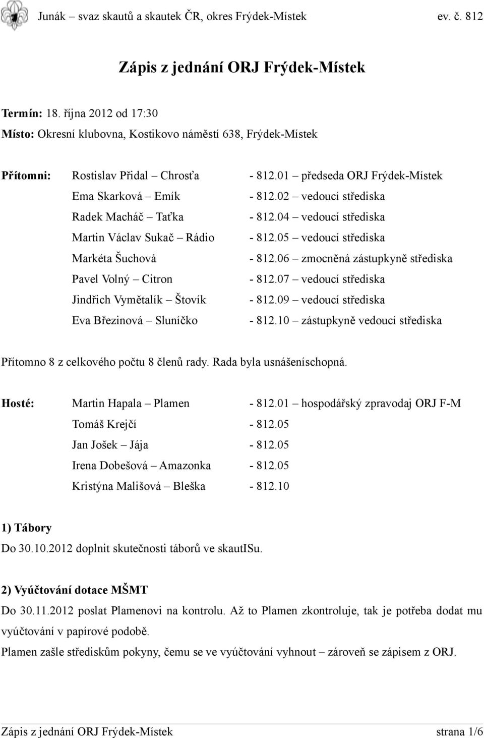 06 zmocněná zástupkyně střediska Pavel Volný Citron - 812.07 vedoucí střediska Jindřich Vymětalík Štovík - 812.09 vedoucí střediska Eva Březinová Sluníčko - 812.