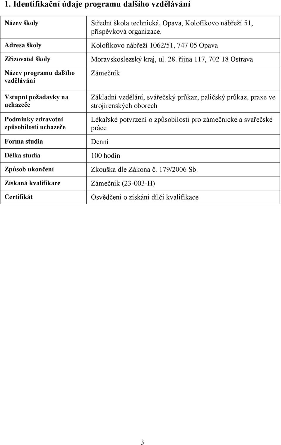 kvalifikace Certifikát Kolofíkovo nábřeží 1062/51, 747 05 Opava Moravskoslezský kraj, ul. 28.