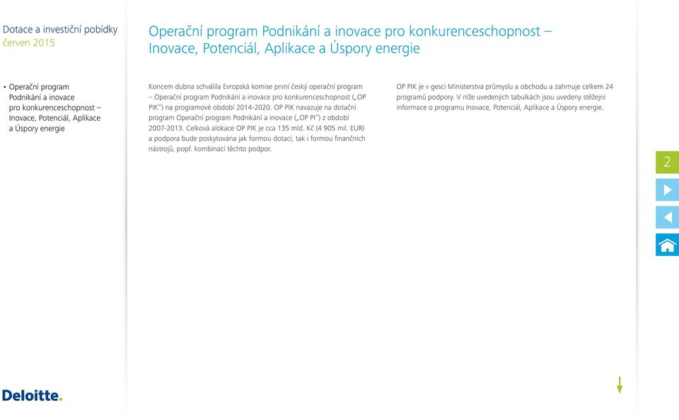 Celková alokace OP PIK je cca 135 mld. Kč (4 905 mil. EUR) a podpora bude poskytována jak formou dotací, tak i formou finančních nástrojů, popř.
