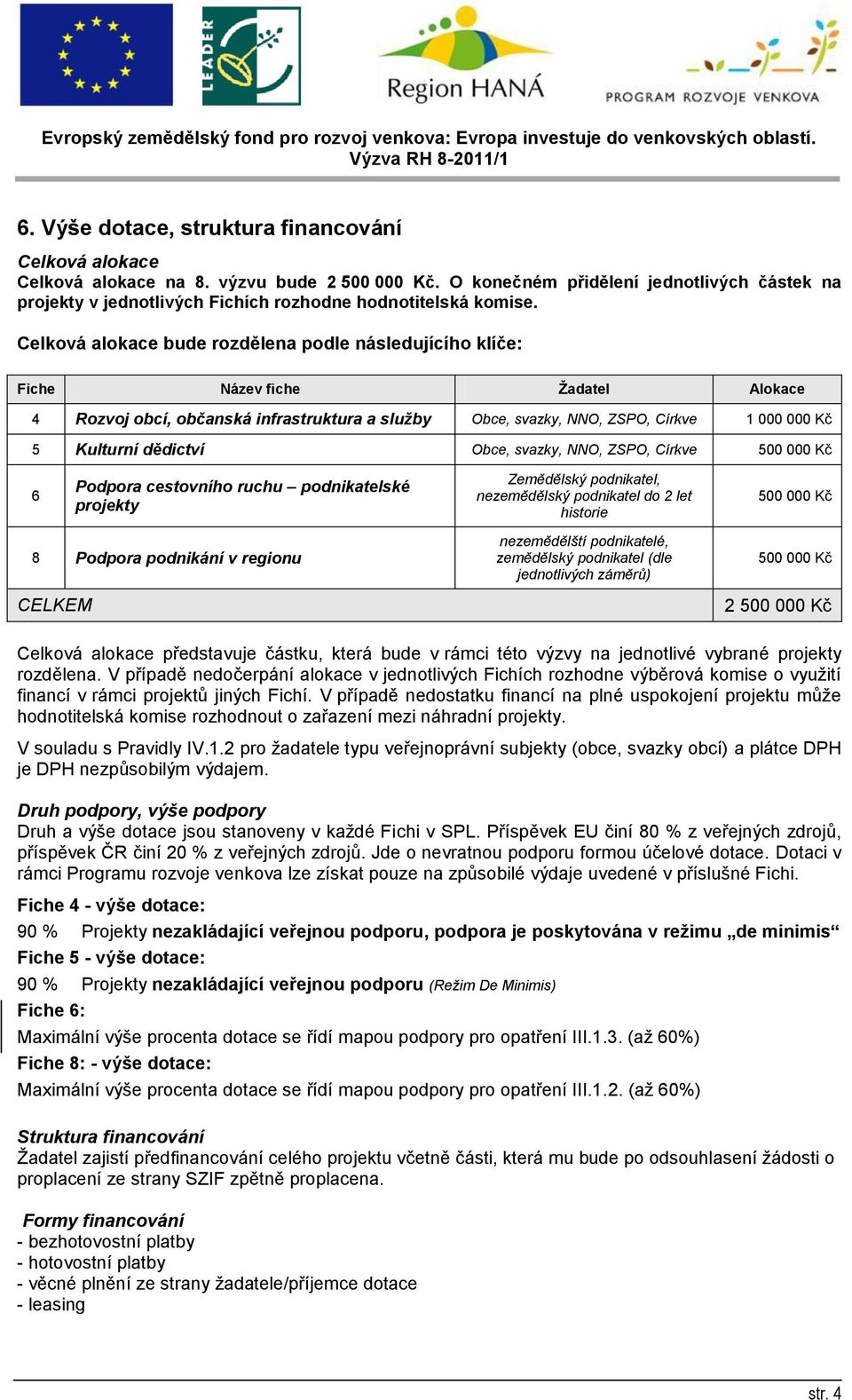 Celková alokace bude rozdělena podle následujícího klíče: Fiche Název fiche Žadatel Alokace 4 Rozvoj obcí, občanská infrastruktura a služby Obce, svazky, NNO, ZSPO, Církve 1 000 000 Kč 5 Kulturní