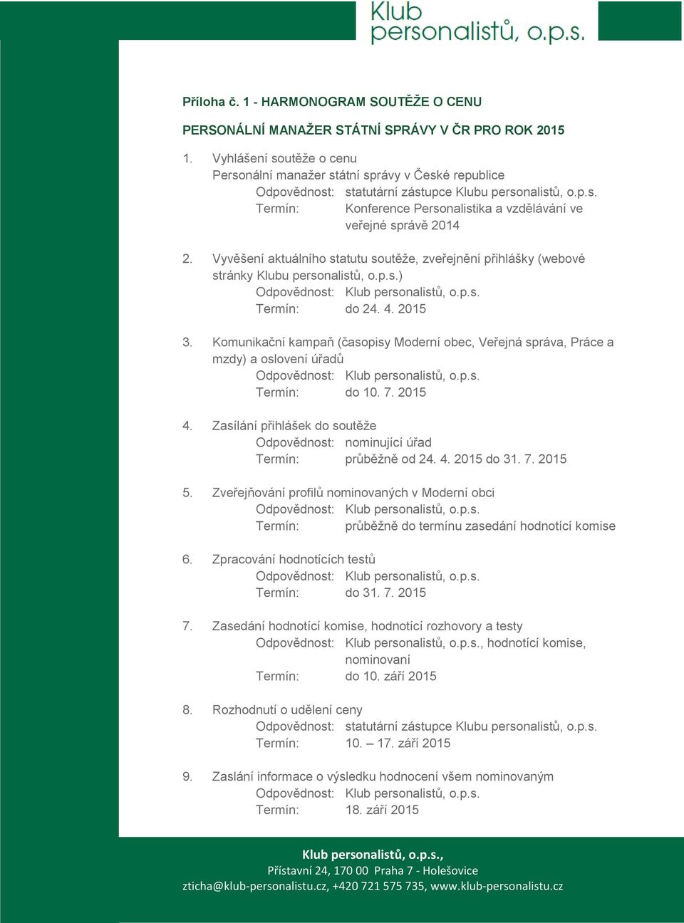 Vyvěšení aktuálního statutu soutěže, zveřejnění přihlášky (webové stránky Klubu personalistů, o.p.s.) Termín: do 24. 4. 2015 3.