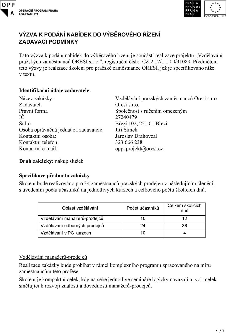 Identifikační údaje zadavatele: Název zakázky: Vzdělávání pražských zaměstnanců Oresi s.r.o.