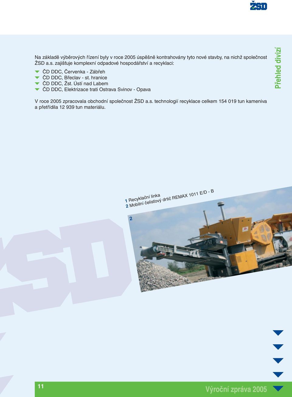 avby, na nichž společnost ŽSD a.s. zajišťuje komplexní odpadové hospodářství a recyklaci: ČD DDC, Červenka - Zábřeh ČD DDC, Břeclav - st.