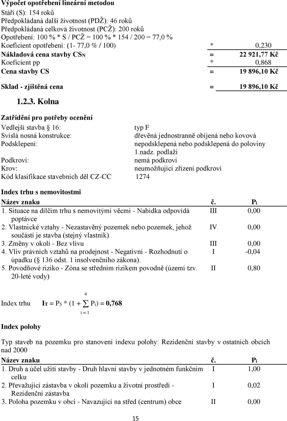 Nákladová cena stavby CSN = 22 921,77 Kč Koeficient pp * 0,868 Cena stavby CS = 19 896,10 Kč Sklad - zjištěná cena = 19 896,10 Kč 1.2.3.