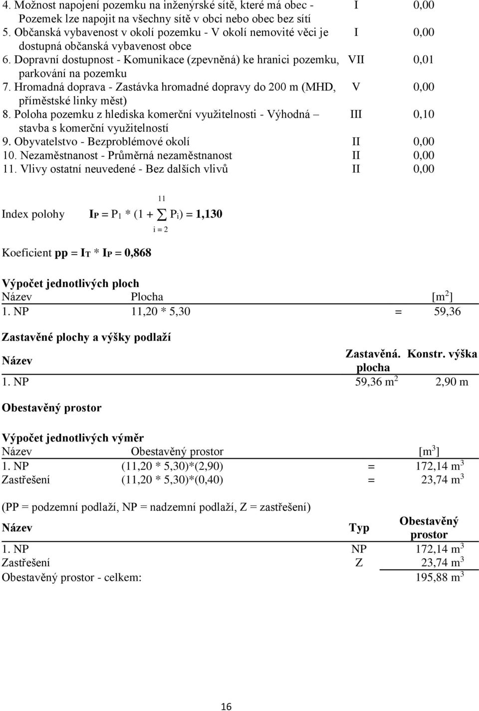 Dopravní dostupnost - Komunikace (zpevněná) ke hranici pozemku, VII 0,01 parkování na pozemku 7. Hromadná doprava - Zastávka hromadné dopravy do 200 m (MHD, V 0,00 příměstské linky měst) 8.