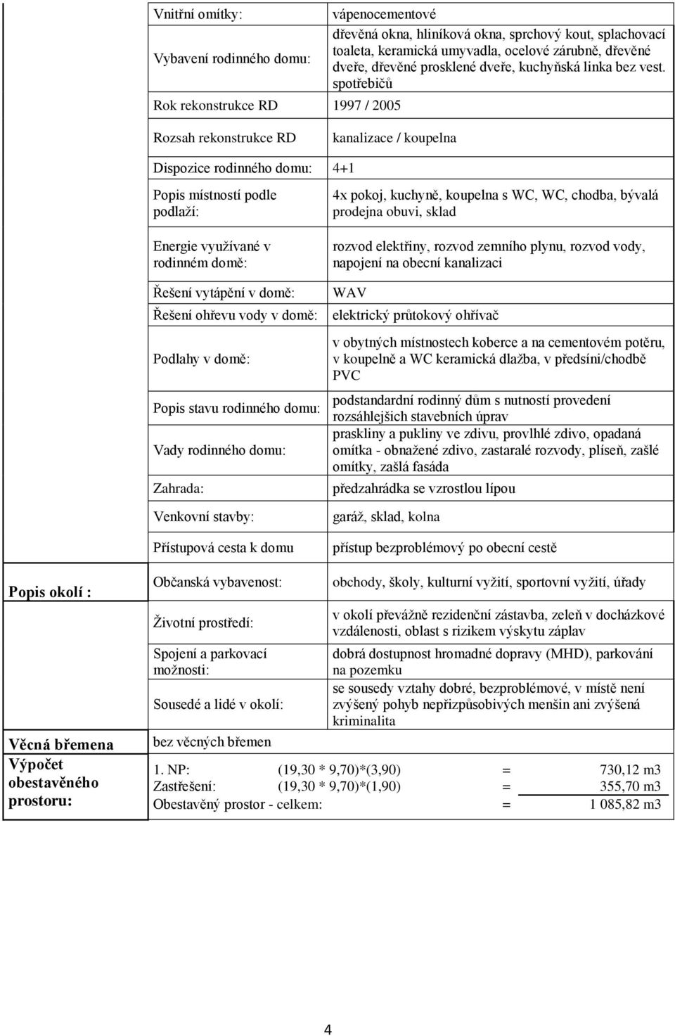 spotřebičů Rozsah rekonstrukce RD kanalizace / koupelna Dispozice rodinného domu: 4+1 Popis místností podle podlaží: Energie využívané v rodinném domě: Řešení vytápění v domě: Řešení ohřevu vody v