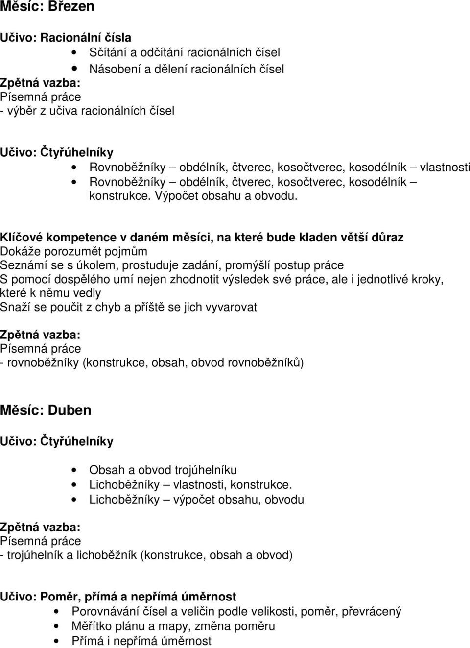 Klíové kompetence v daném msíci, na které bude kladen vtší draz Snaží se pouit z chyb a píšt se jich vyvarovat - rovnobžníky (konstrukce, obsah, obvod rovnobžník) Msíc: Duben Uivo: tyúhelníky Obsah