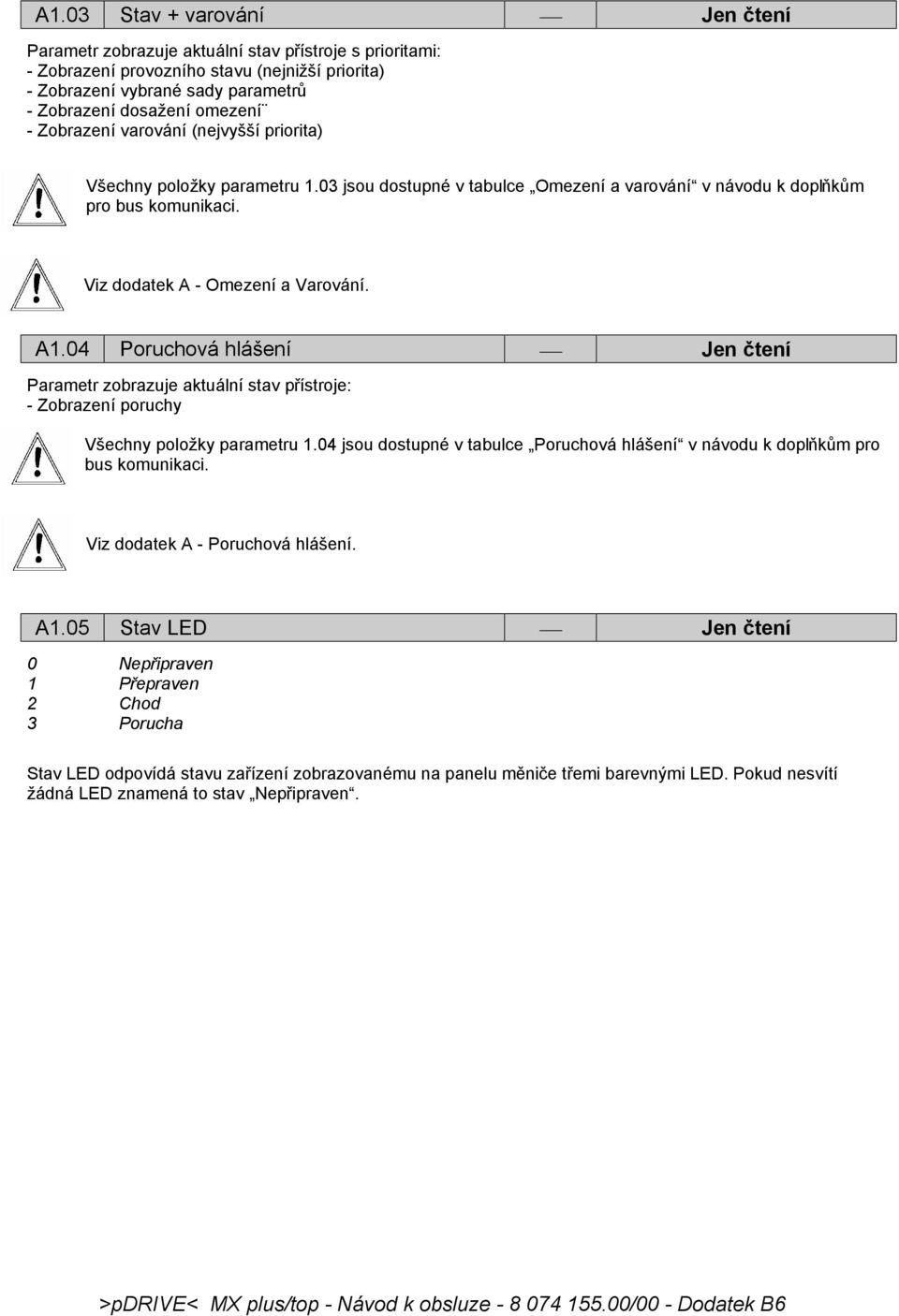 A1.04 Poruchová hlášení Jen čtení Parametr zobrazuje aktuální stav přístroje: - Zobrazení poruchy Všechny položky parametru 1.