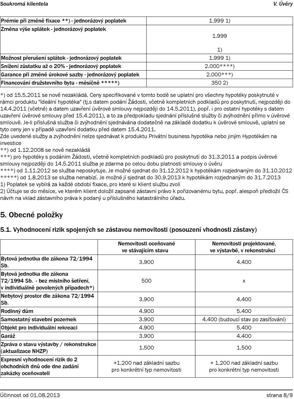 2) *) od 15.5.2011 se nově nezakládá. Ceny specifikované v tomto bodě se uplatní pro všechny hypotéky poskytnuté v rámci produktu "Ideální hypotéka" (tj.