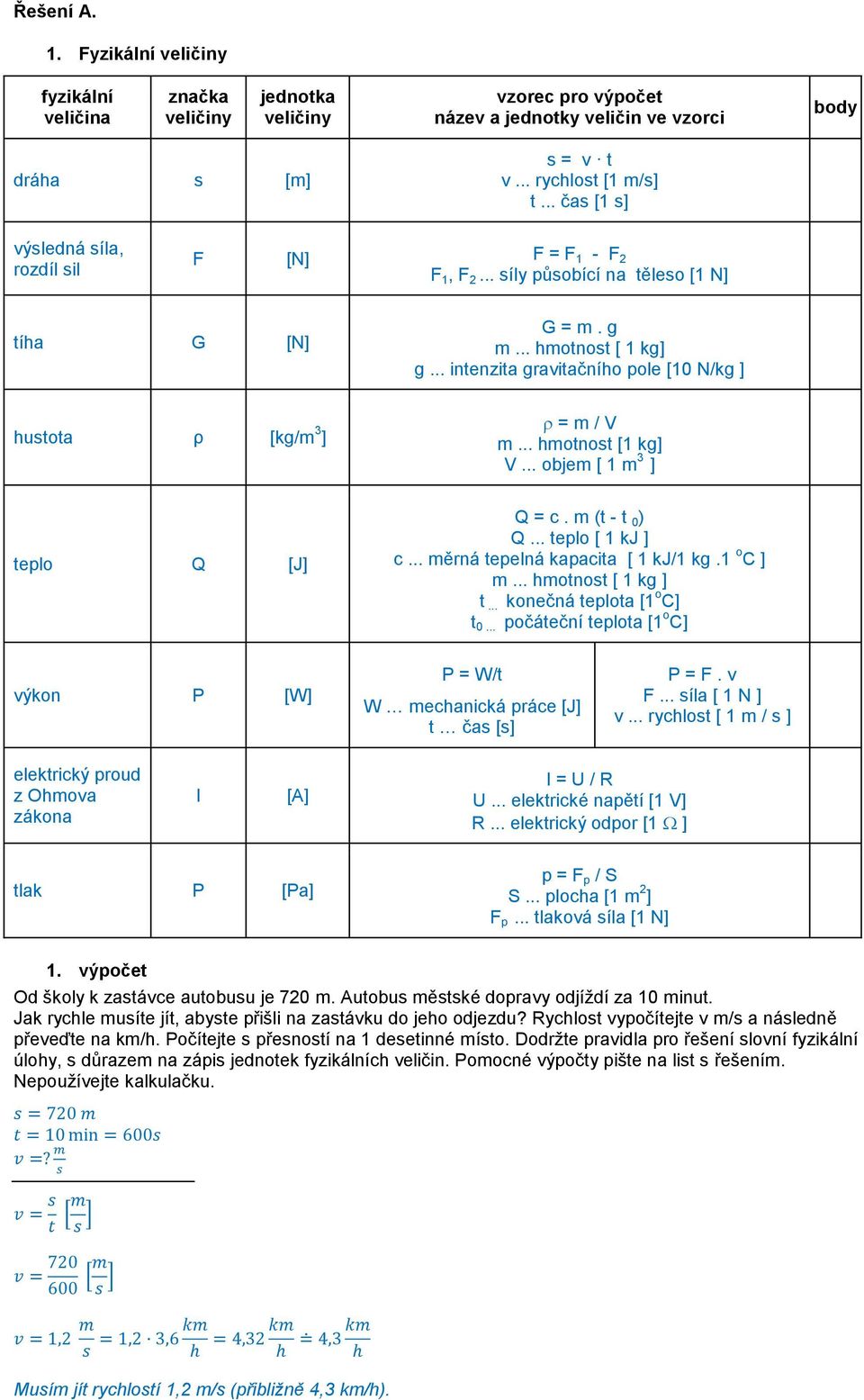 .. intenzita gravitačního pole [10 N/kg ] hustota ρ [kg/m 3 ] = m / V m... hmotnost [1 kg] V... objem [ 1 m 3 ] teplo Q [J] Q = c. m (t - t 0 ) Q... teplo [ 1 kj ] c.